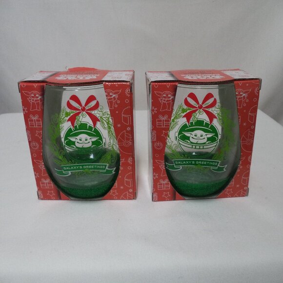 Star Wars Mandalorian Grogu Baby Christmas Yoda Wine Glass Set 2 glitter NEW NWT